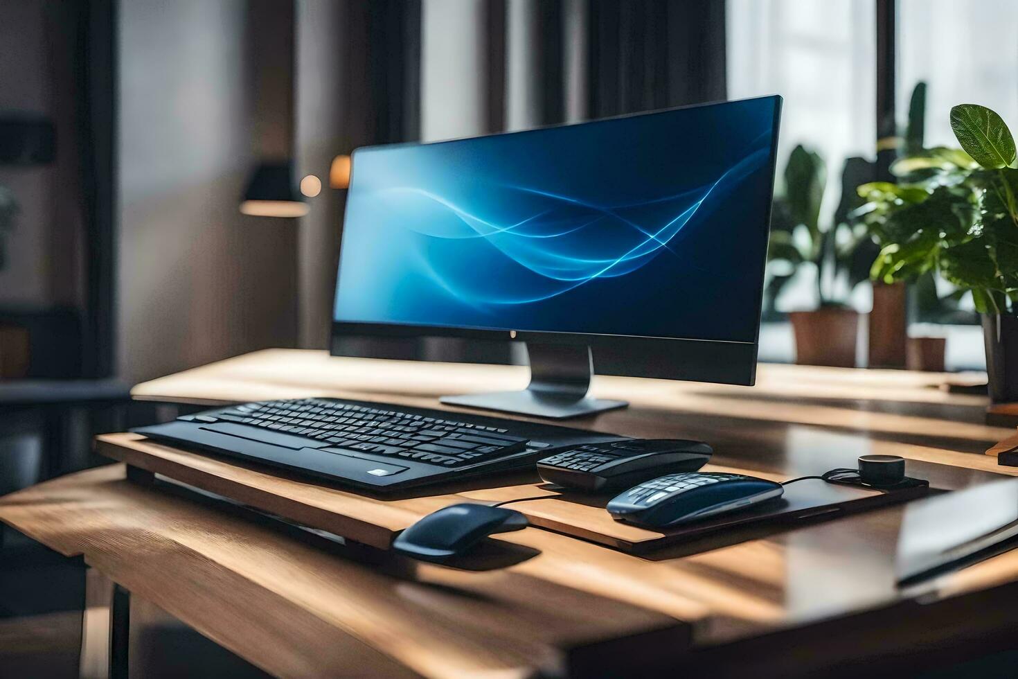 a computer monitor sitting on a desk with a keyboard and mouse. AI-Generated photo