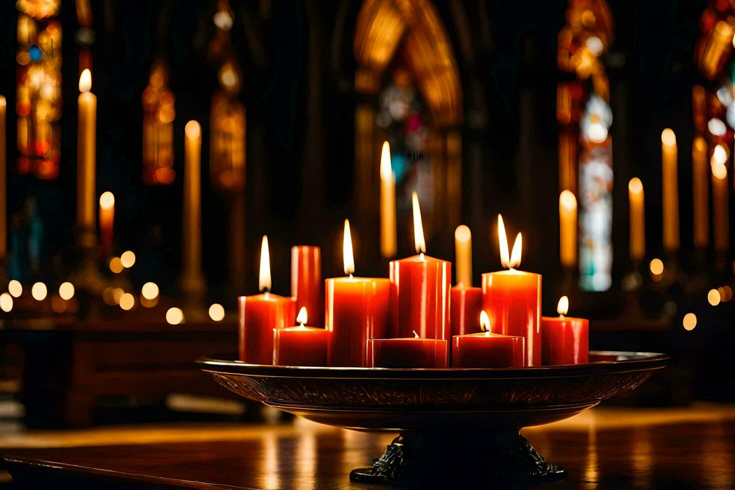 velas en un Iglesia con velas iluminado en el antecedentes. generado por ai foto