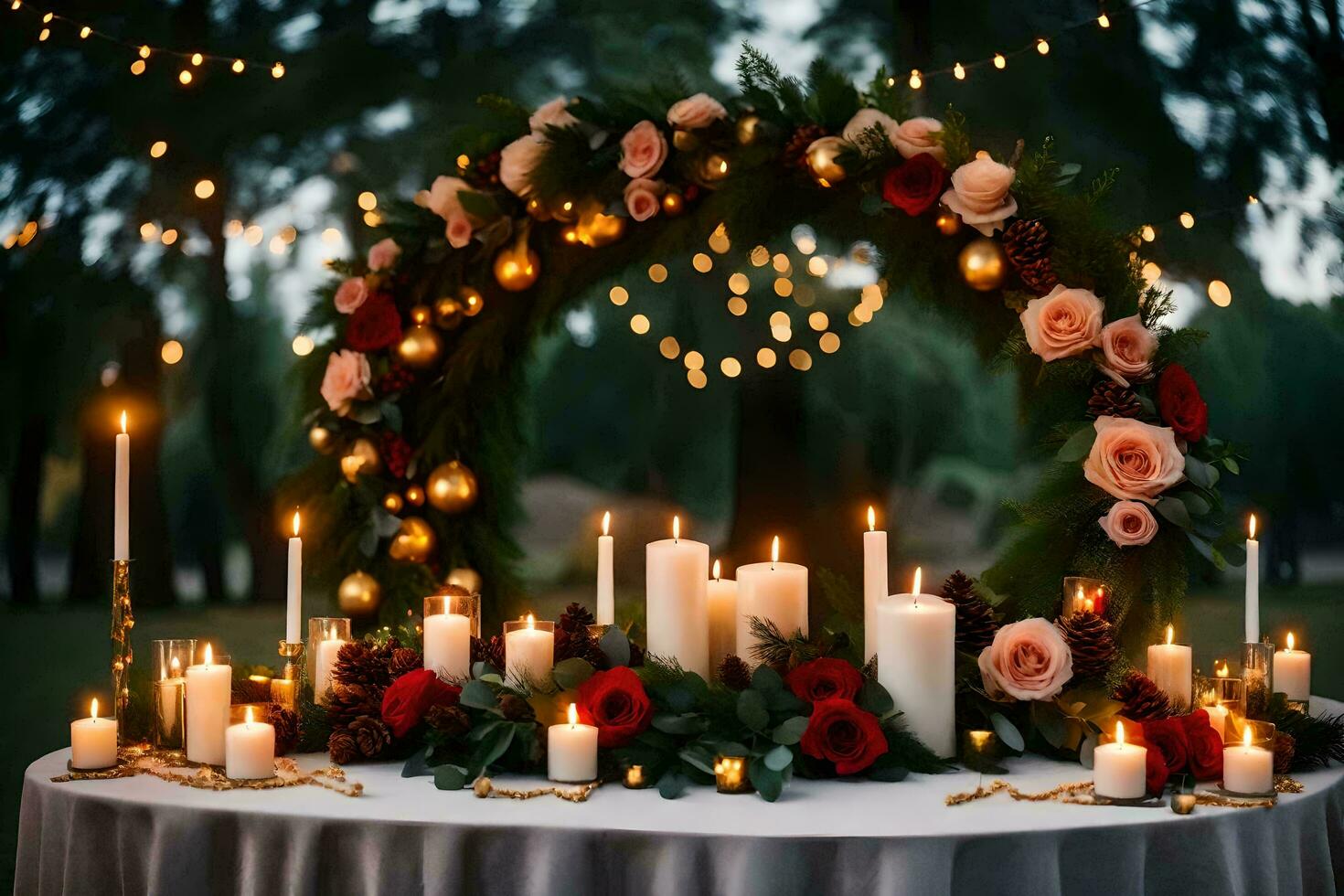 candles and flowers are set up around a table. AI-Generated photo