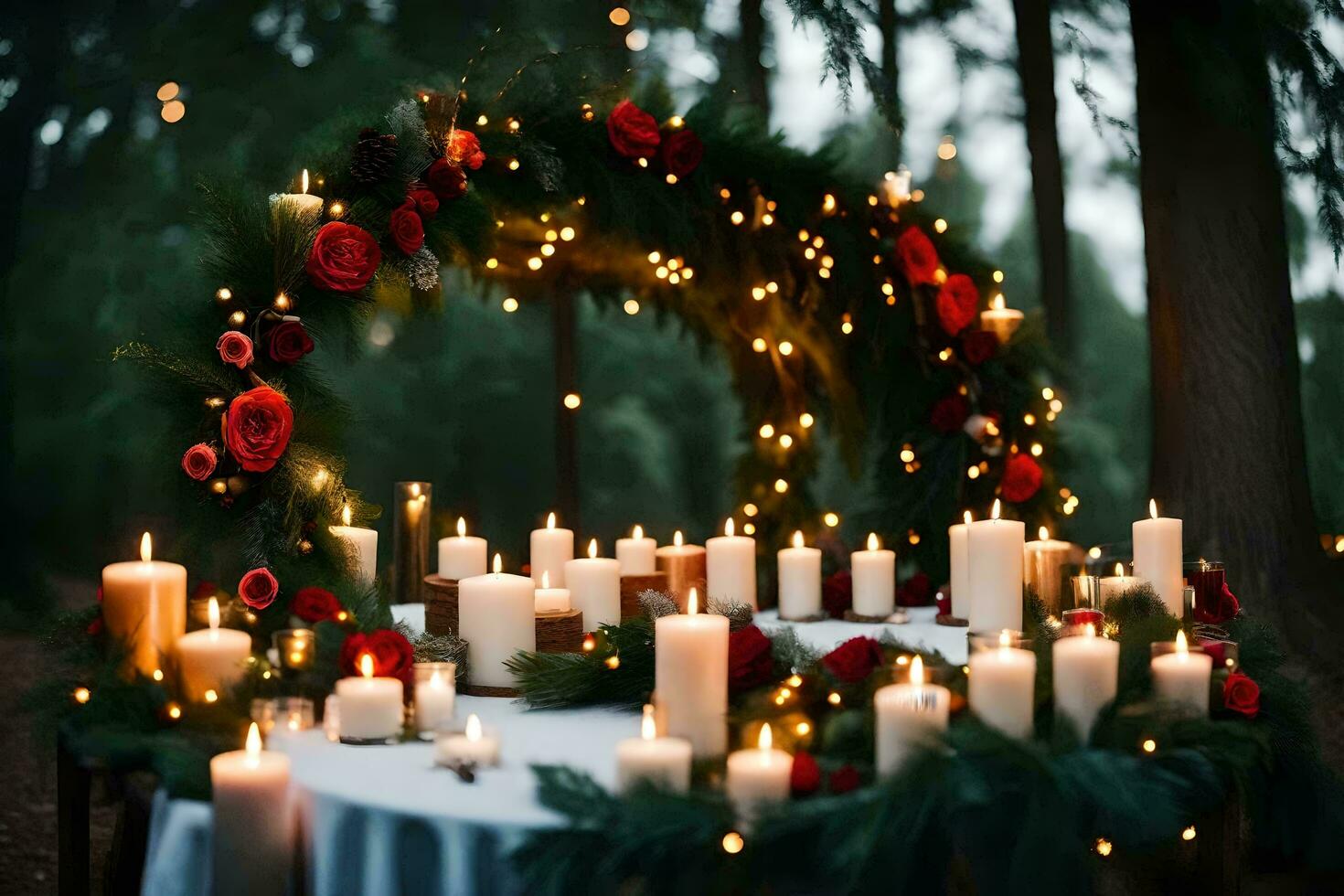 a table covered in candles and greenery. AI-Generated photo