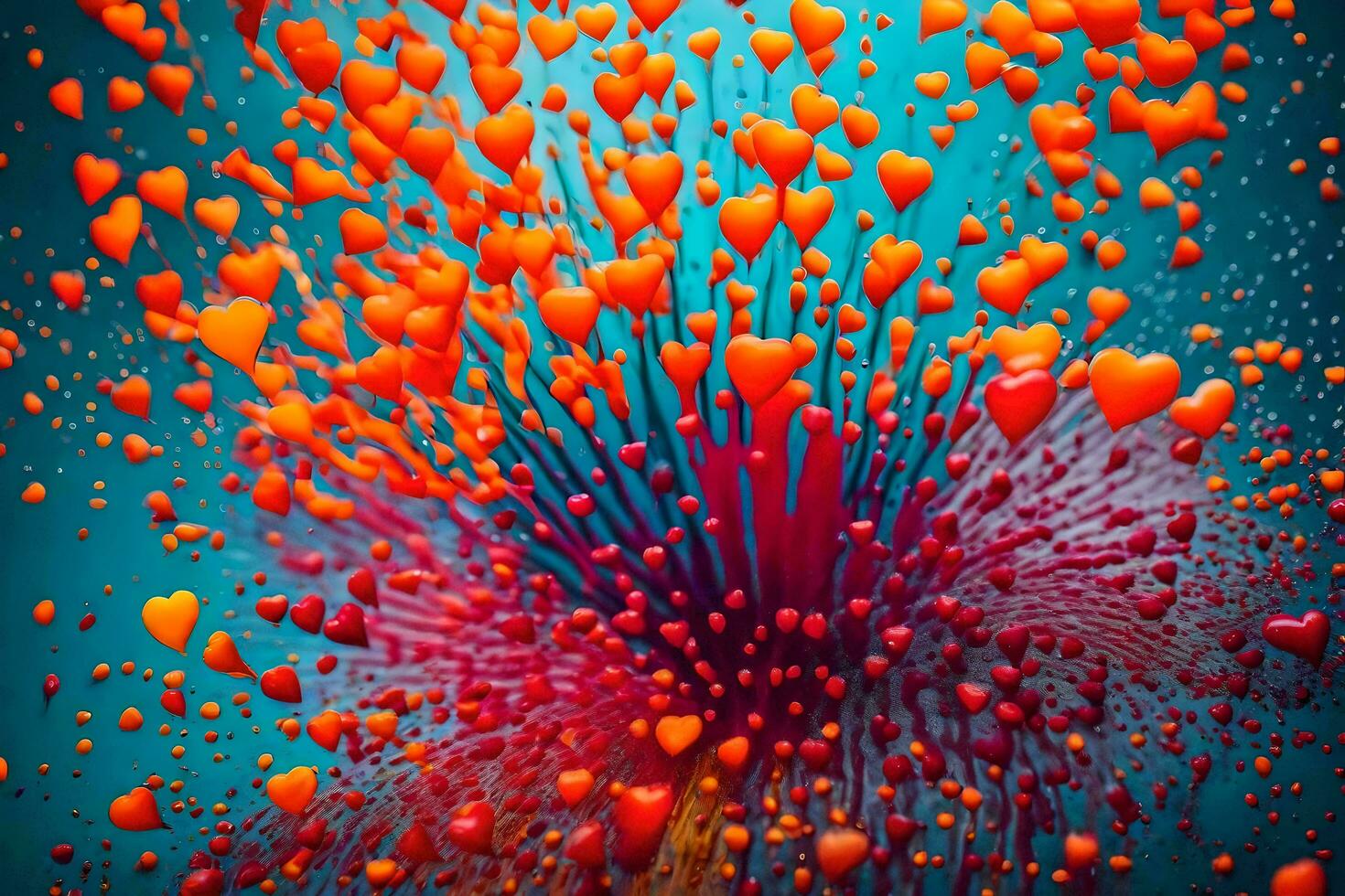 a colorful explosion of hearts on a blue background. AI-Generated photo