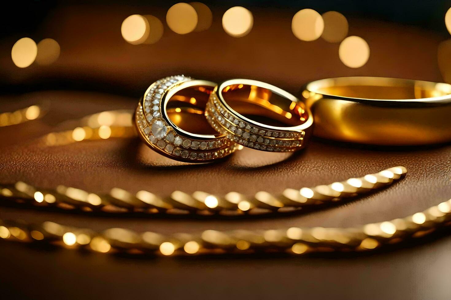 dos oro anillos y un oro cadena. generado por ai foto