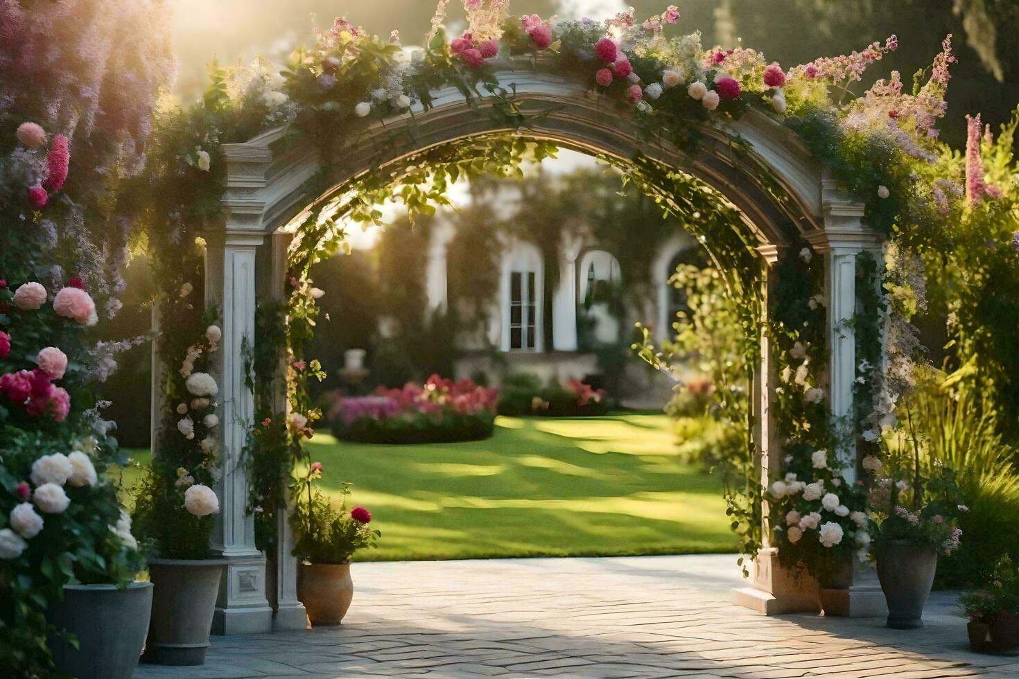 an archway with flowers in front of a house. AI-Generated photo