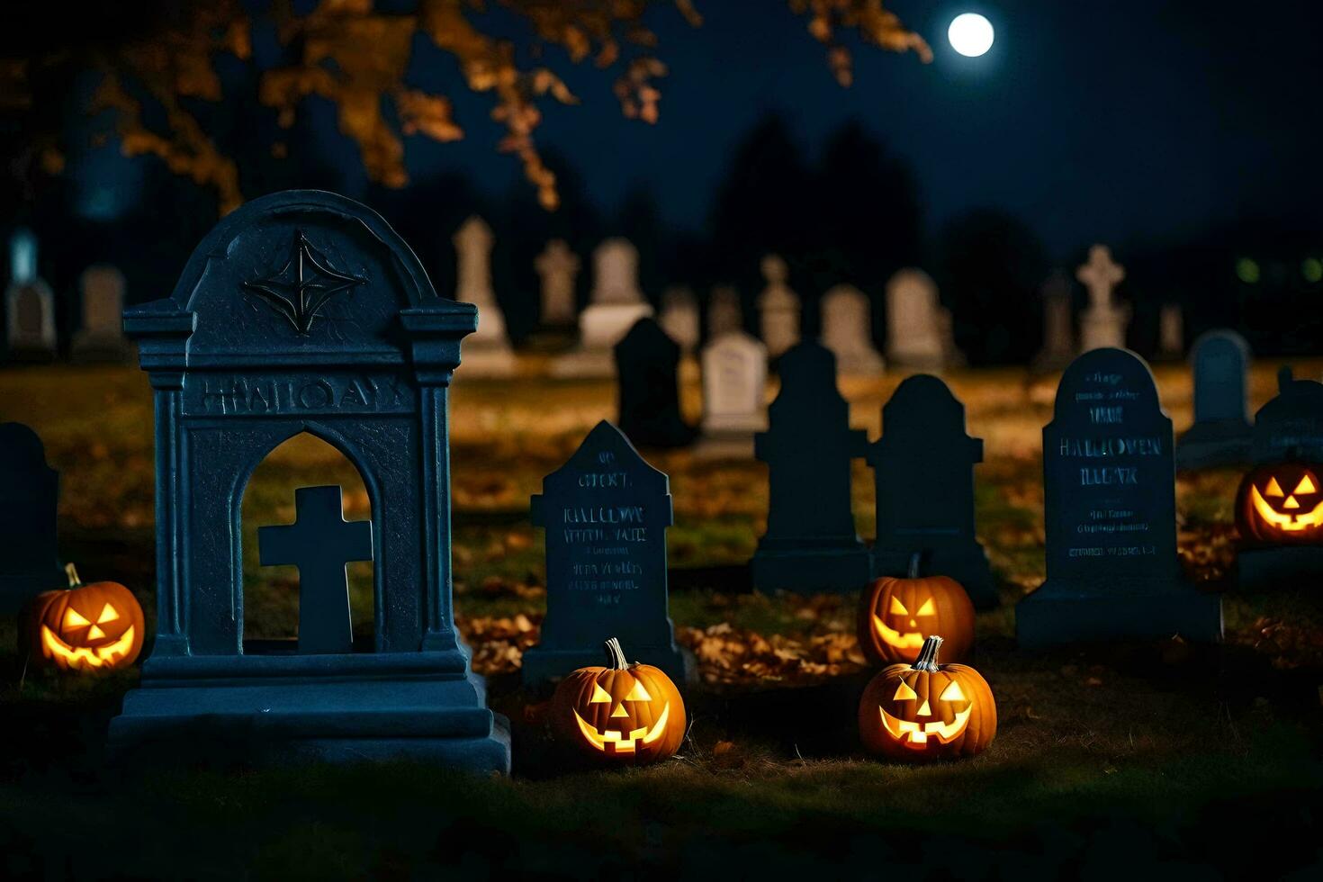 halloween pumpkins in a graveyard at night. AI-Generated photo