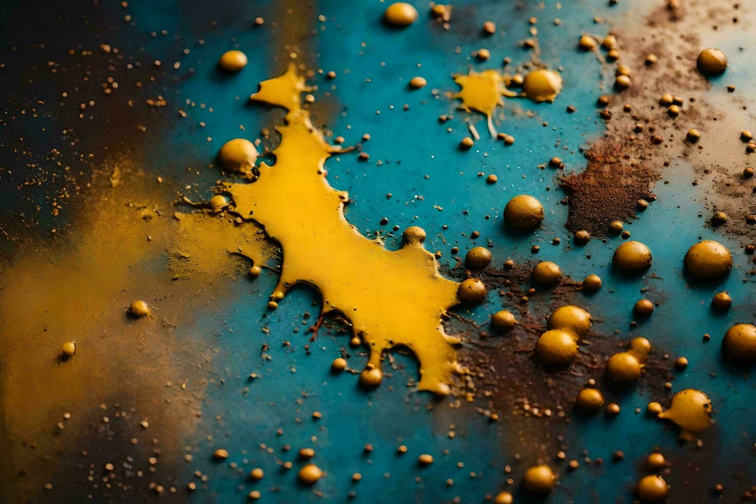 a close up of a yellow and brown paint splatter. AI-Generated photo
