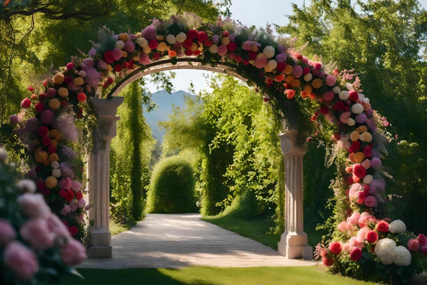 a beautiful archway with flowers in the garden. AI-Generated 30056856