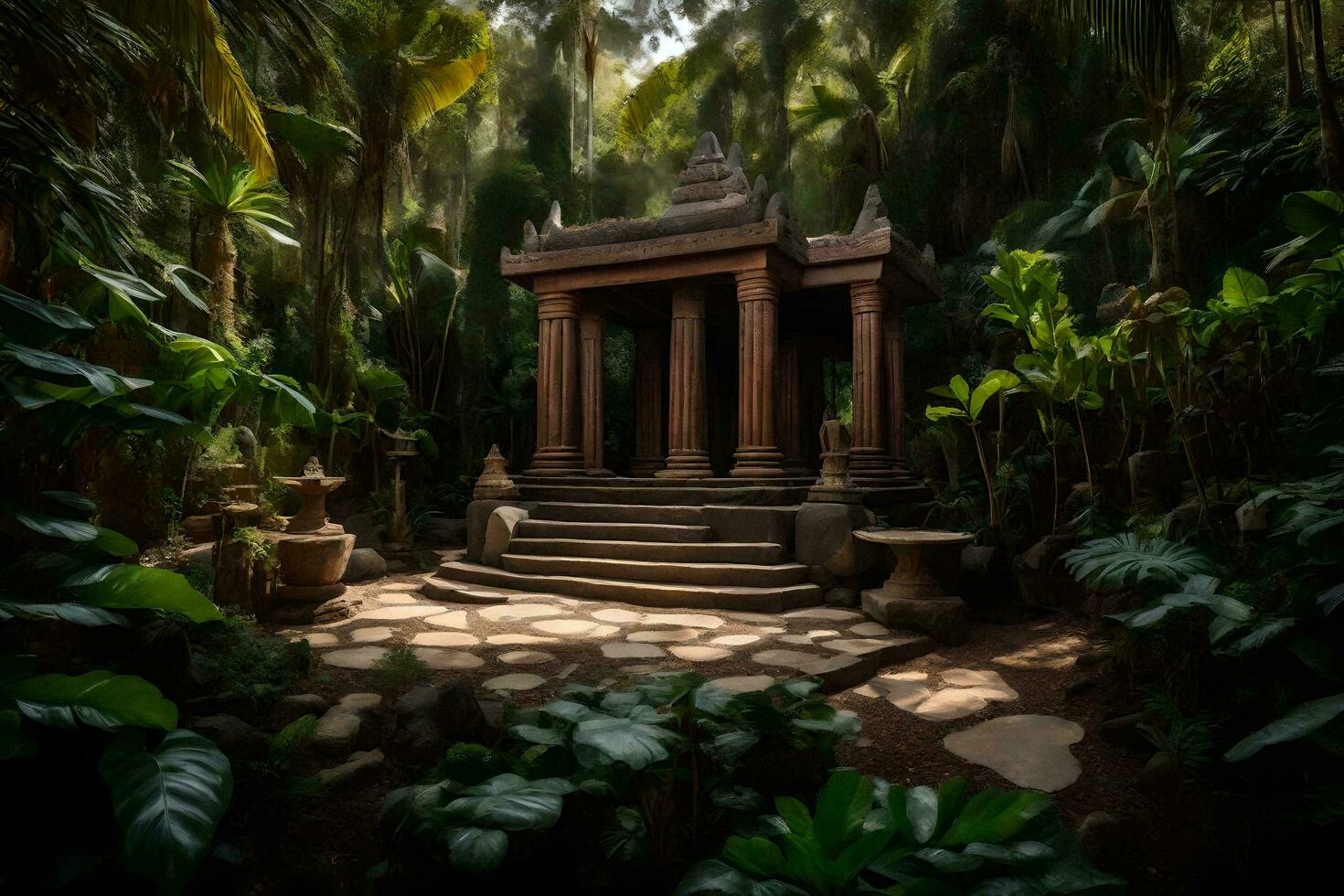 a temple in the jungle with trees and plants. AI-Generated photo