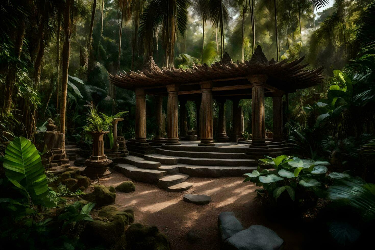 a gazebo in the middle of a jungle. AI-Generated photo