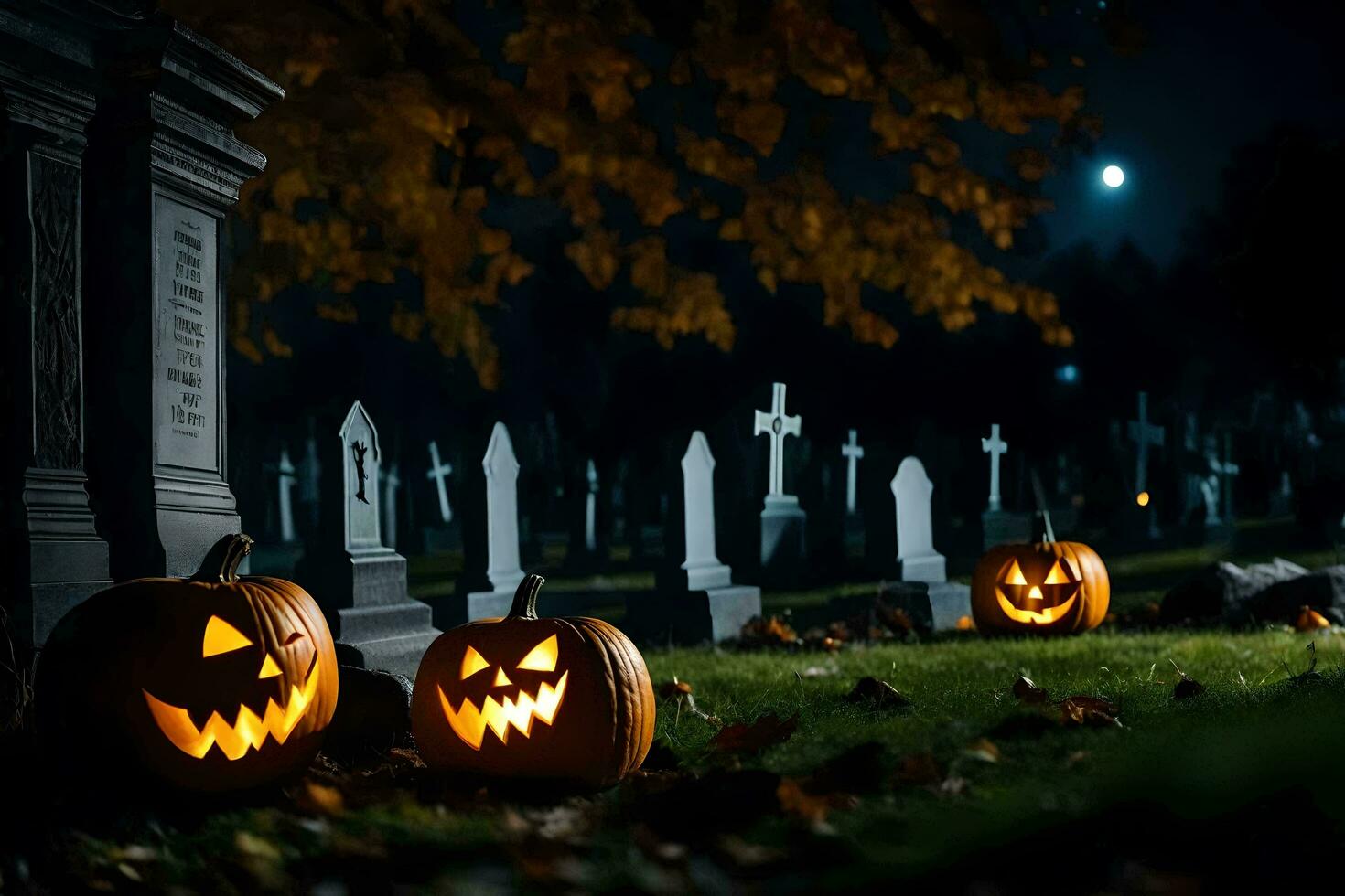 halloween pumpkins in a graveyard at night. AI-Generated photo