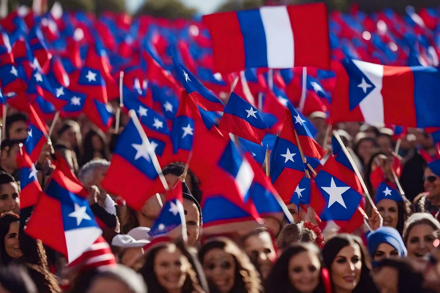 a large crowd of people waving flags. AI-Generated photo