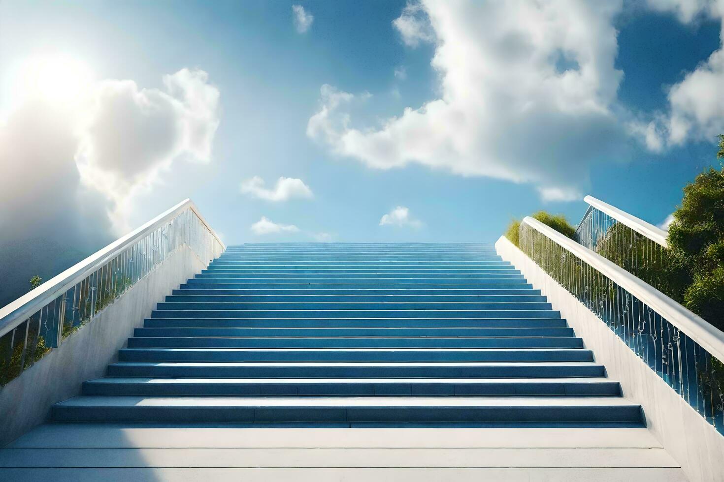 blue stairs leading up to a blue sky with clouds. AI-Generated photo