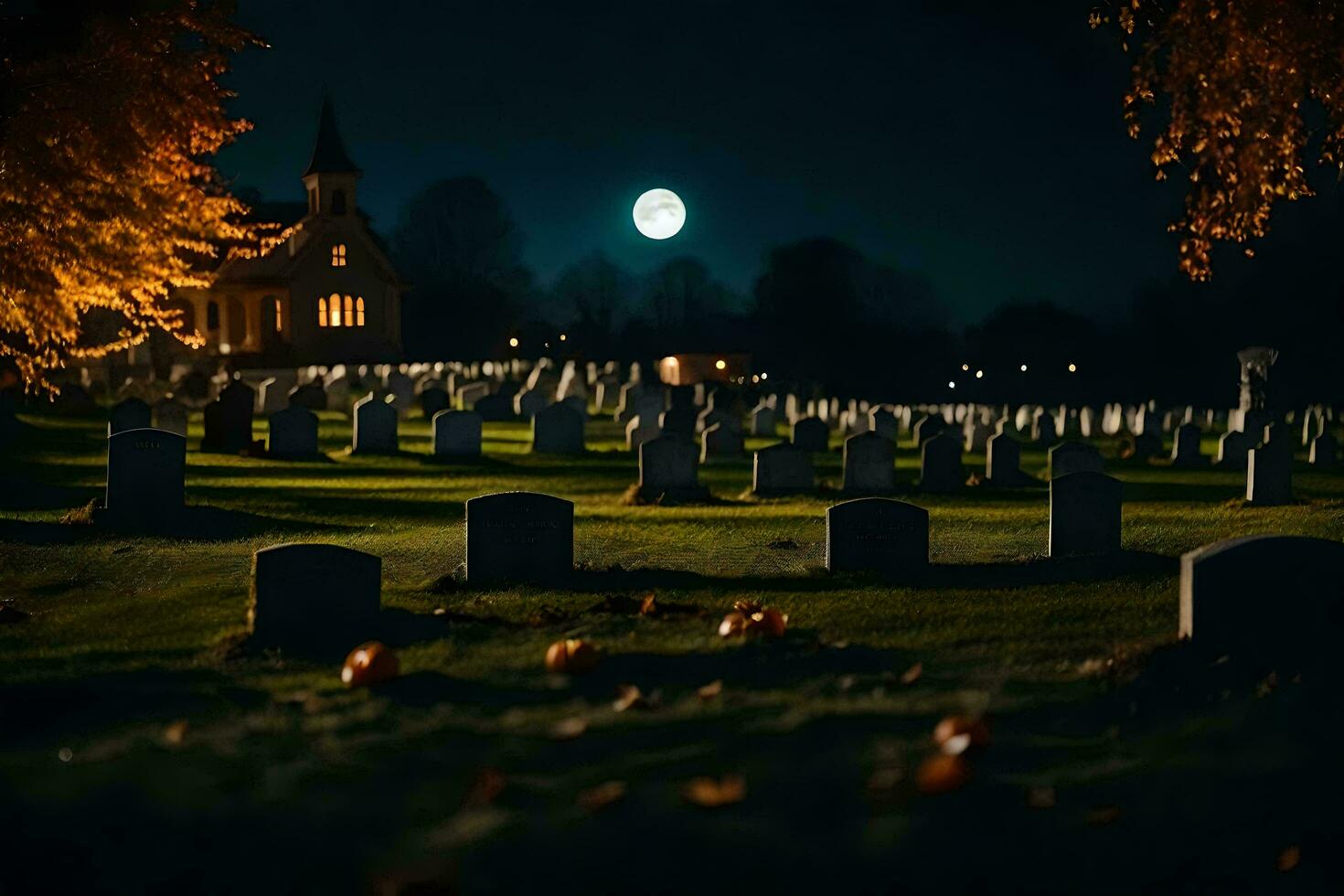a cemetery with tombstones and a full moon. AI-Generated photo