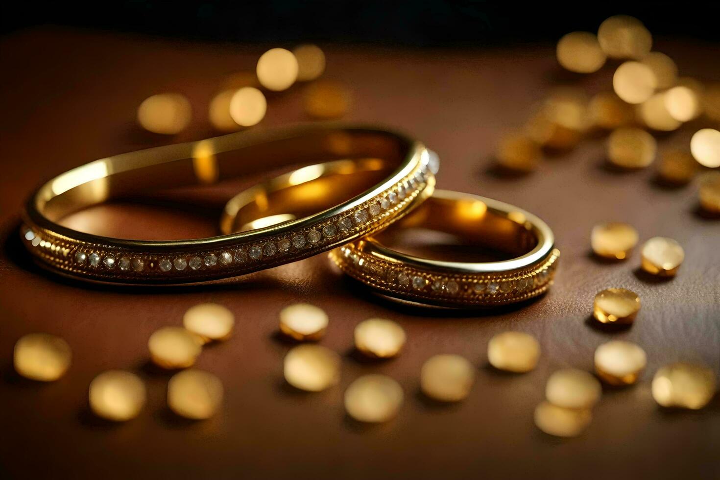 gold wedding rings on a wooden table. AI-Generated photo