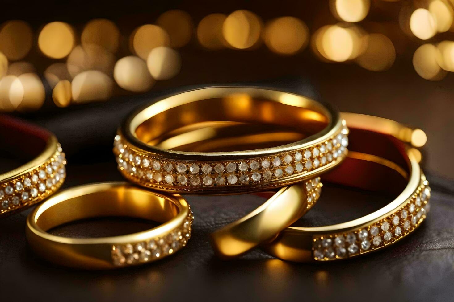 gold wedding rings on a leather surface. AI-Generated photo