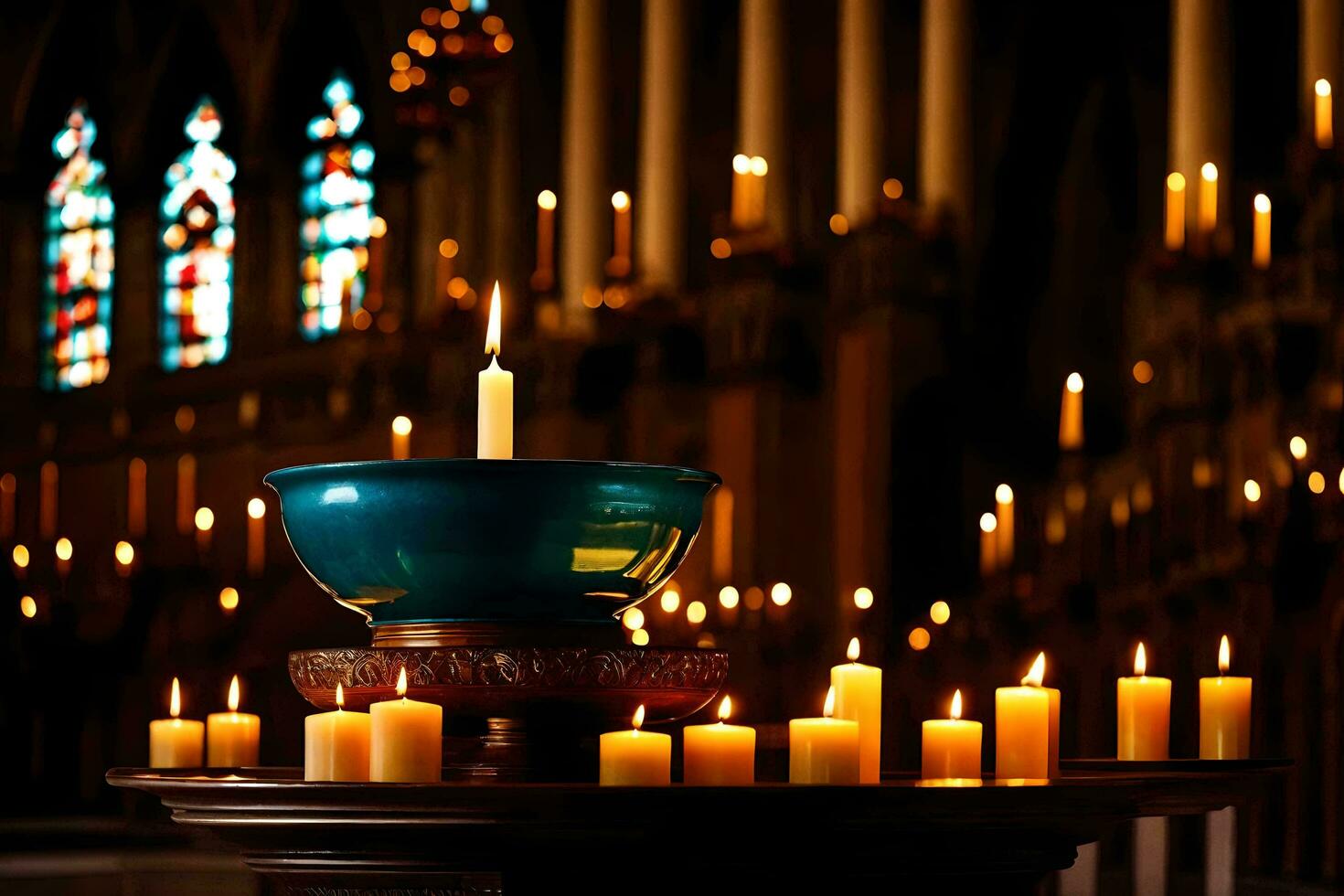 a blue bowl with candles on top of a table. AI-Generated photo