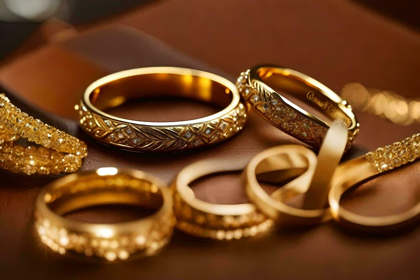 oro Boda anillos en un mesa. generado por ai foto