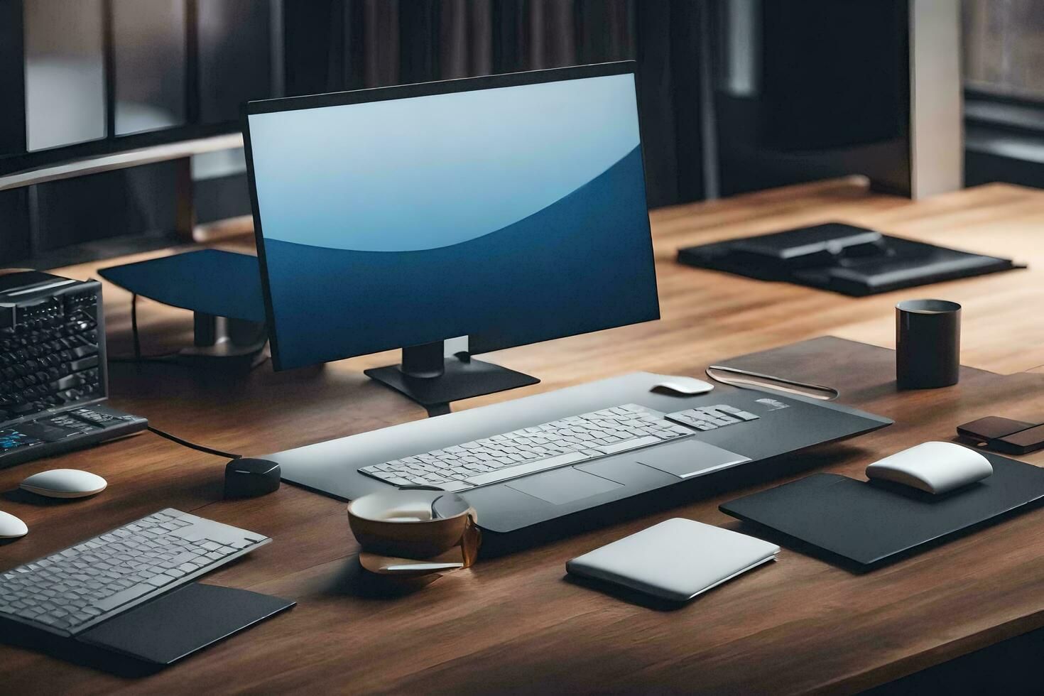 un escritorio con un computadora, ratón, teclado y otro elementos. generado por ai foto