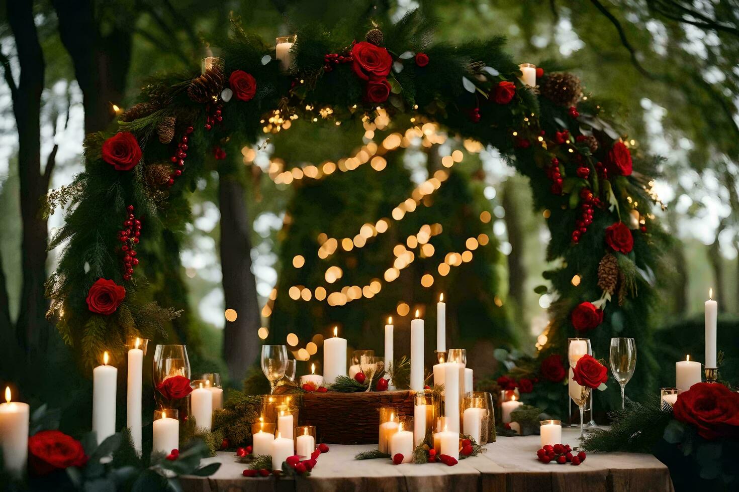 a wedding table with candles and red roses. AI-Generated photo