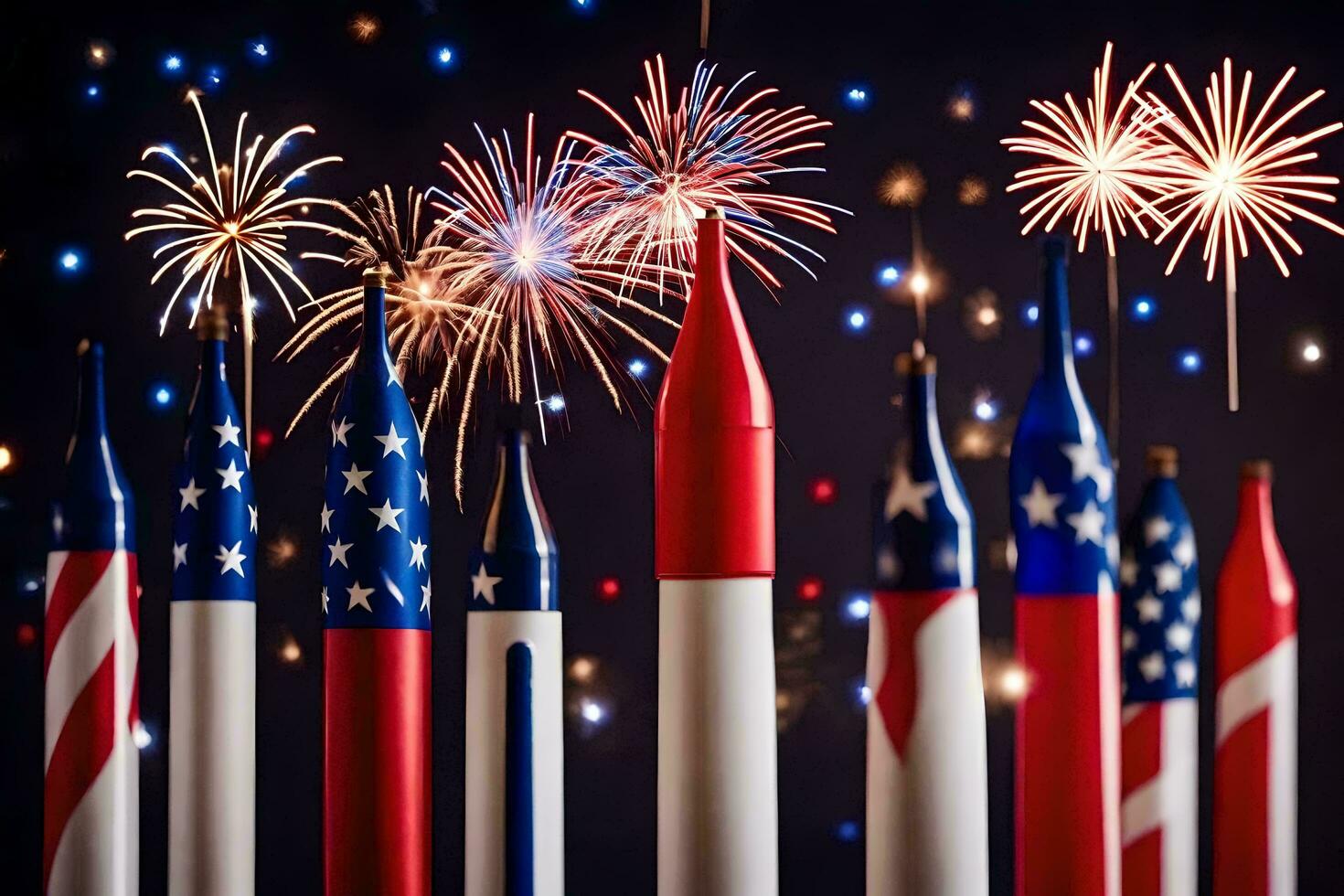 fireworks and american flags in the sky. AI-Generated photo