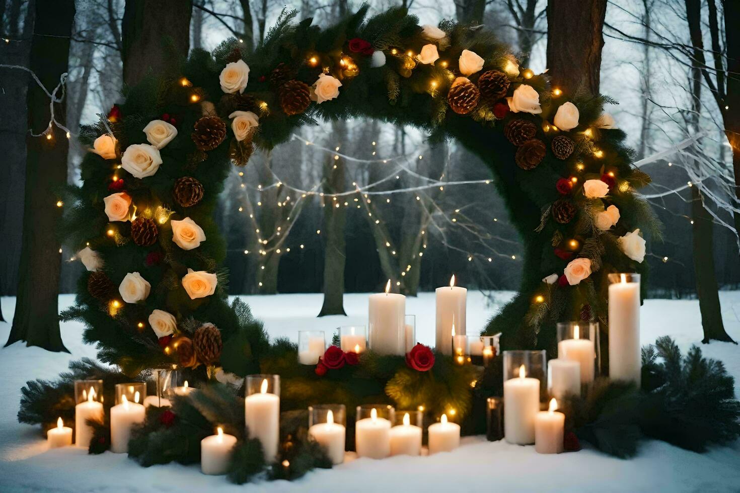 a wreath of candles and flowers in the snow. AI-Generated photo