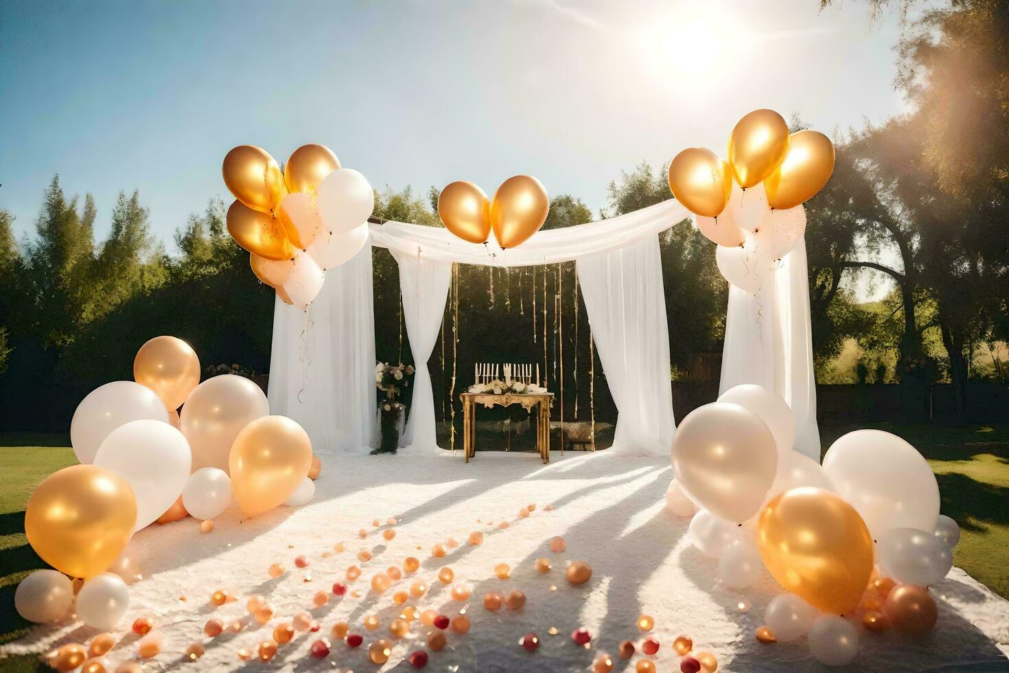 a wedding ceremony with gold balloons and white drapes. AI-Generated photo