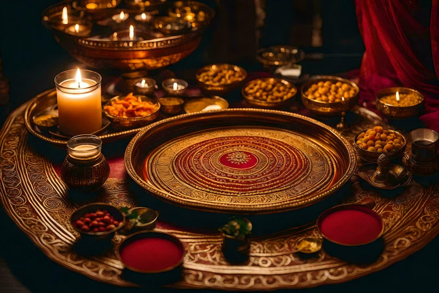 an indian wedding ceremony with a gold plate and candles. AI-Generated photo