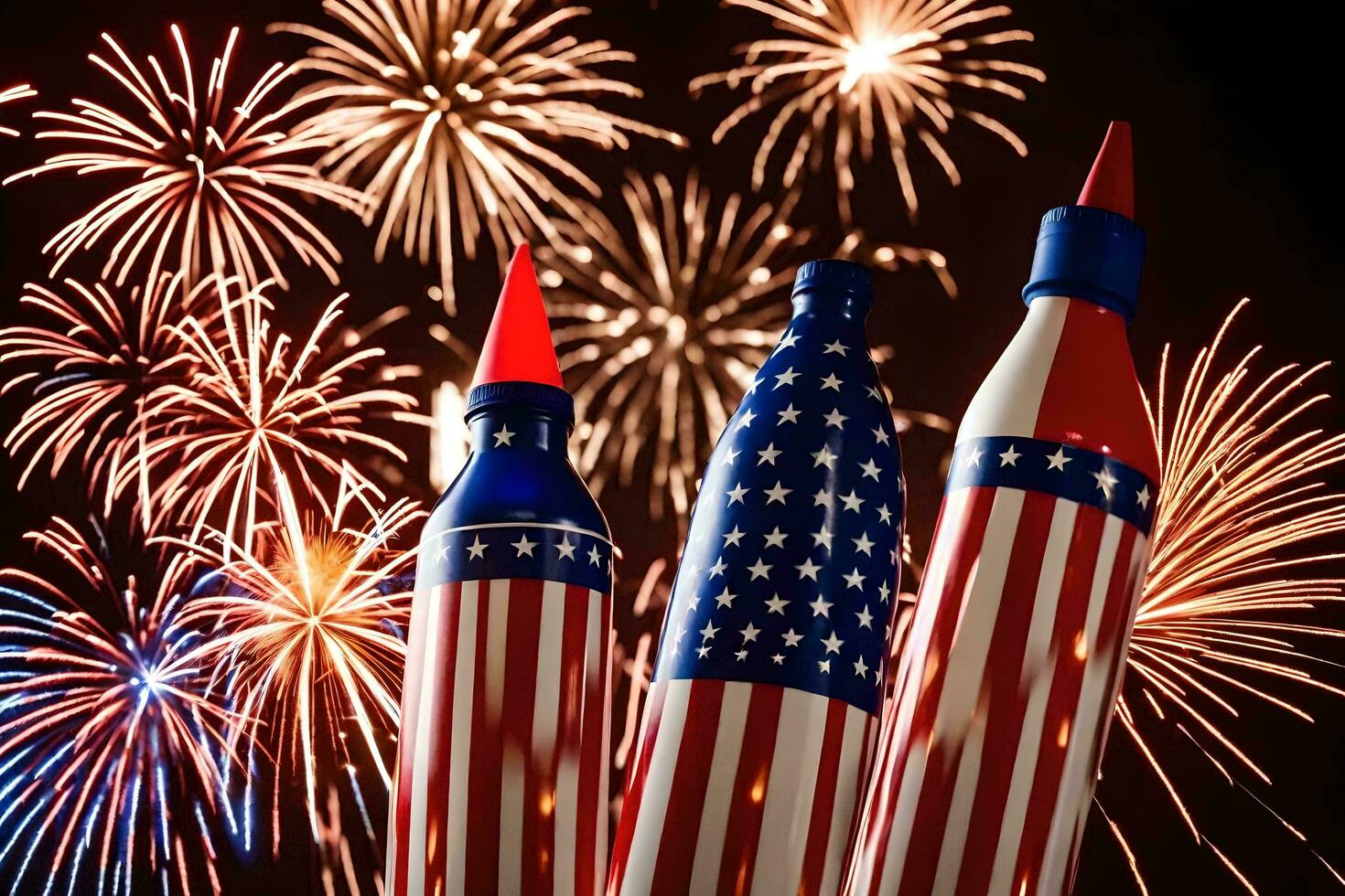 fuegos artificiales y americano banderas en el antecedentes. generado por ai foto