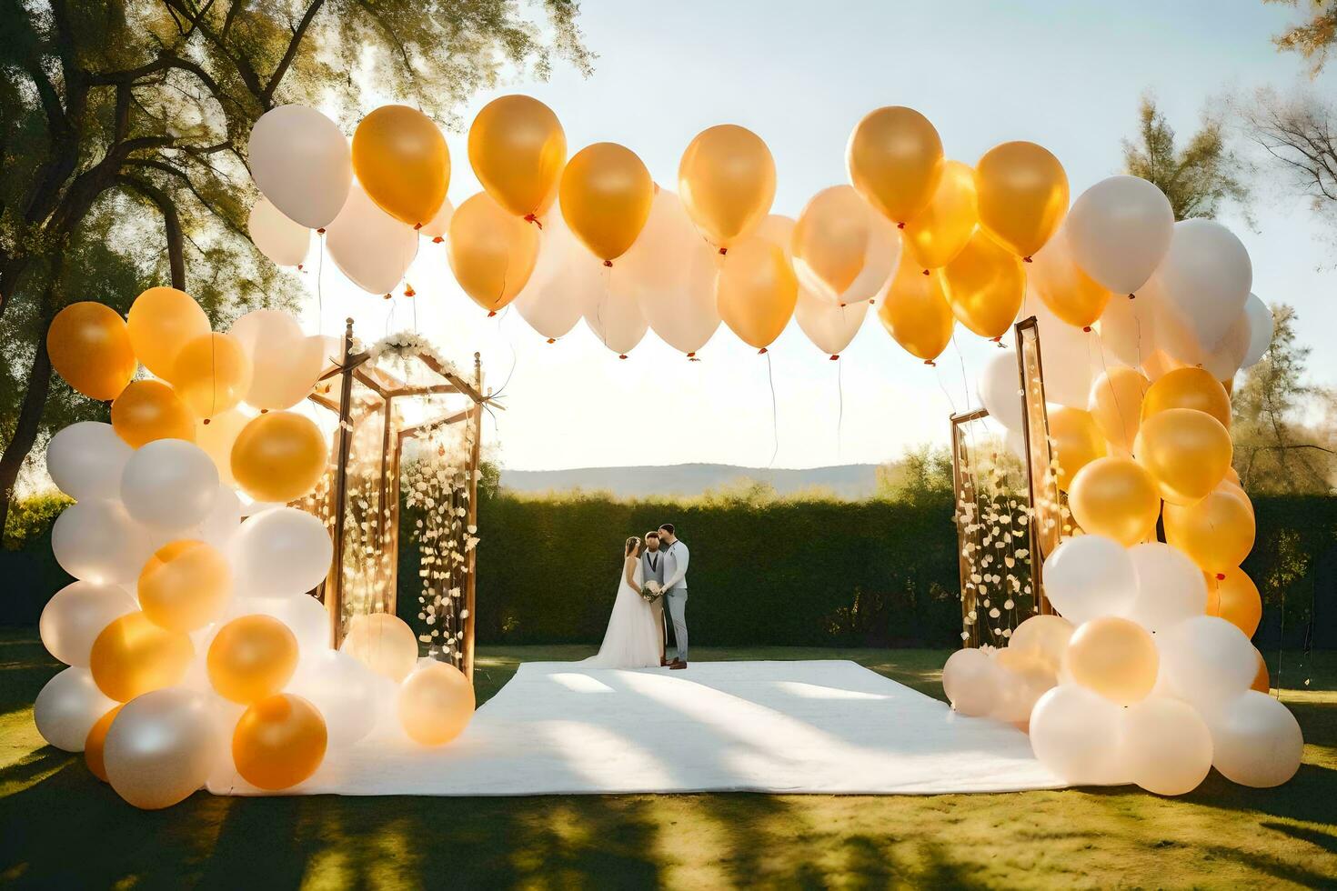 a wedding ceremony with white and gold balloons. AI-Generated photo