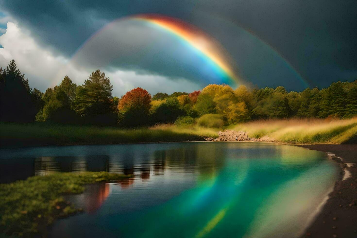 a rainbow is reflected in the water of a river. AI-Generated photo