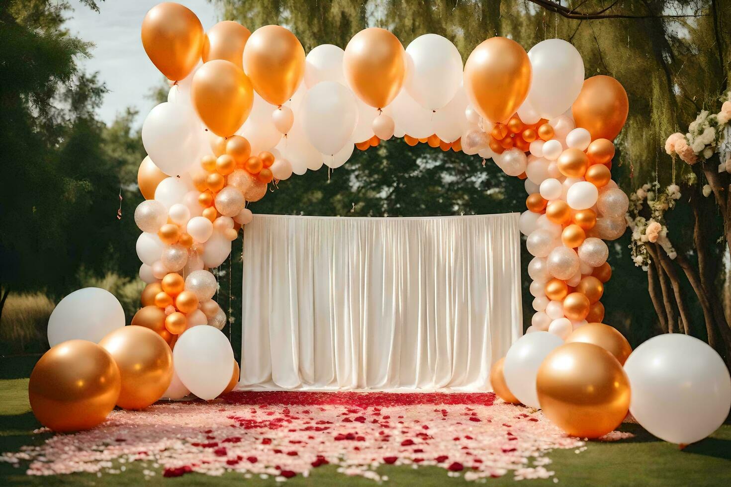 un Boda arco con blanco y oro globos generado por ai foto