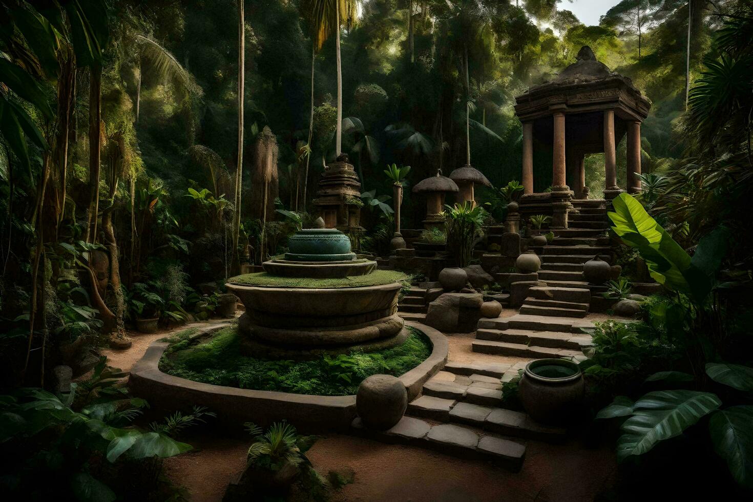 a garden with a fountain and statues in the middle of the jungle. AI-Generated photo