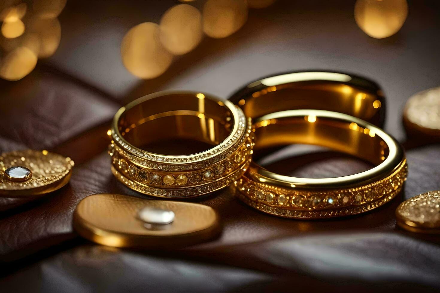 oro Boda anillos en un cuero antecedentes. generado por ai foto