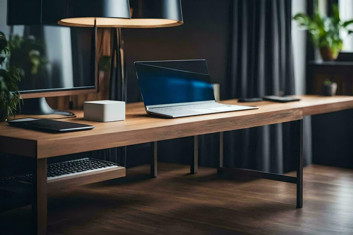 a laptop on a wooden desk in a room. AI-Generated photo