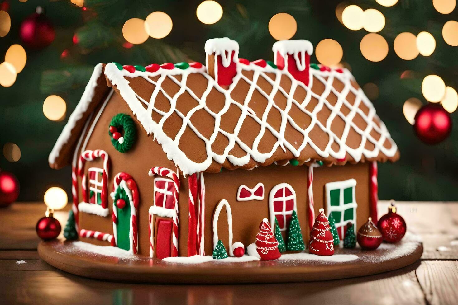 un pan de jengibre casa es decorado con Navidad luces. generado por ai foto