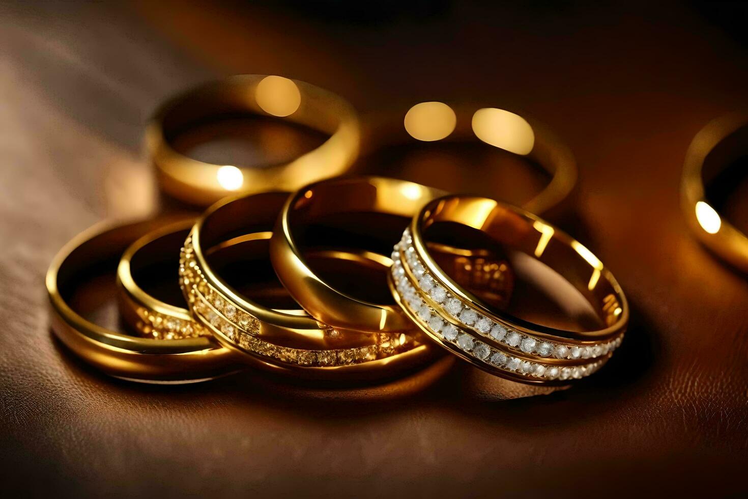 gold wedding rings on a brown background. AI-Generated photo