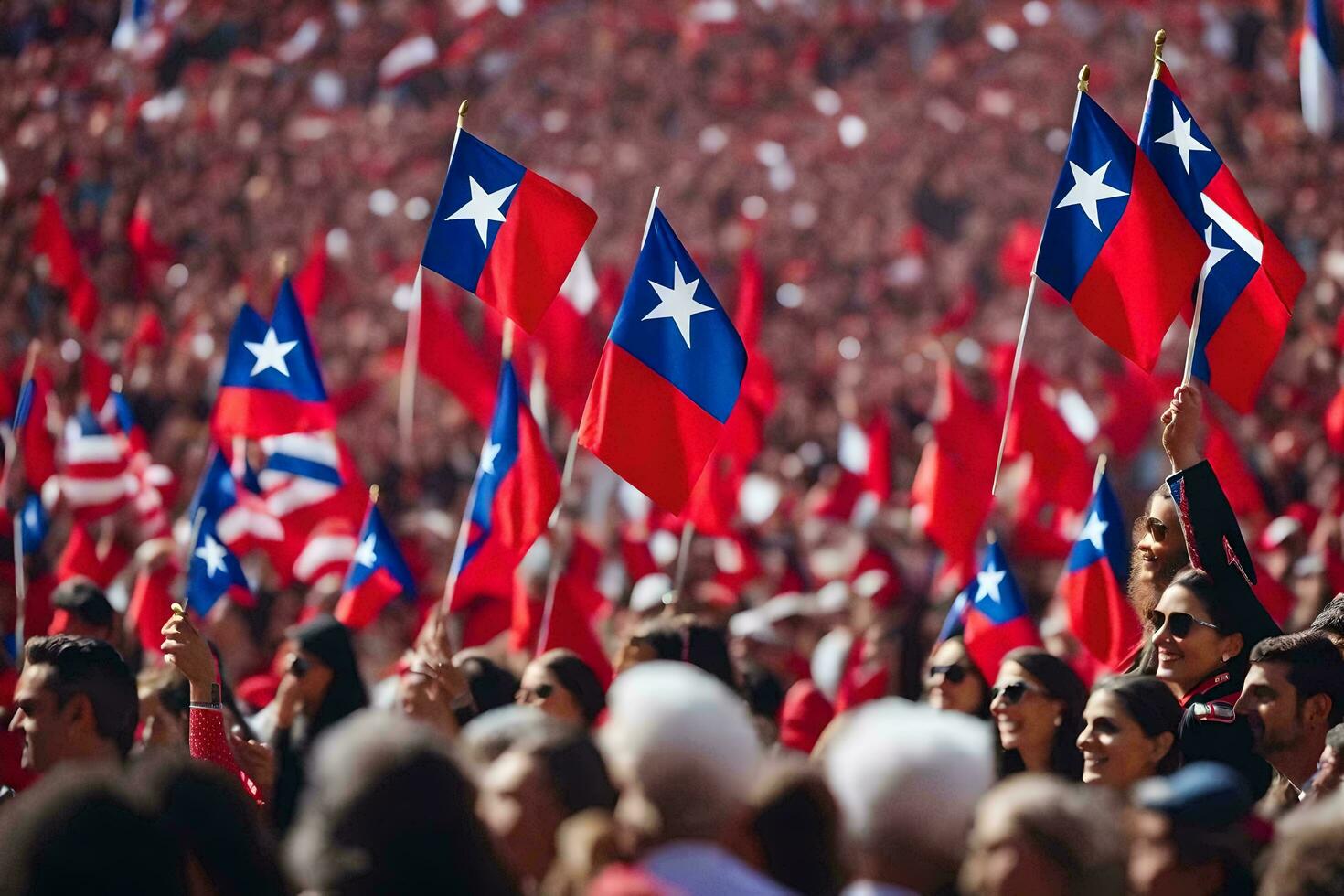 a crowd of people waving flags in a stadium. AI-Generated photo