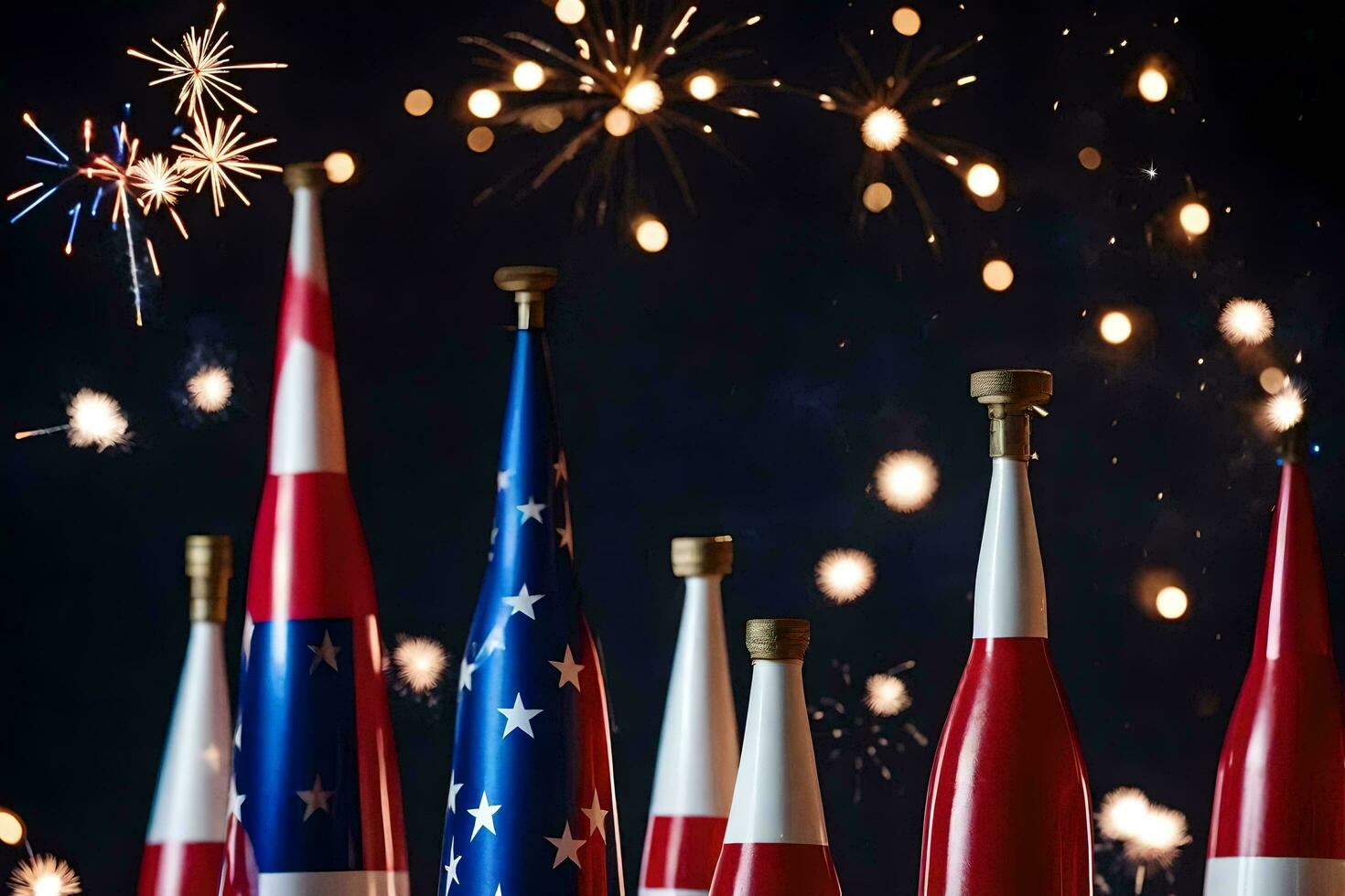 a group of red and white flags with fireworks. AI-Generated photo