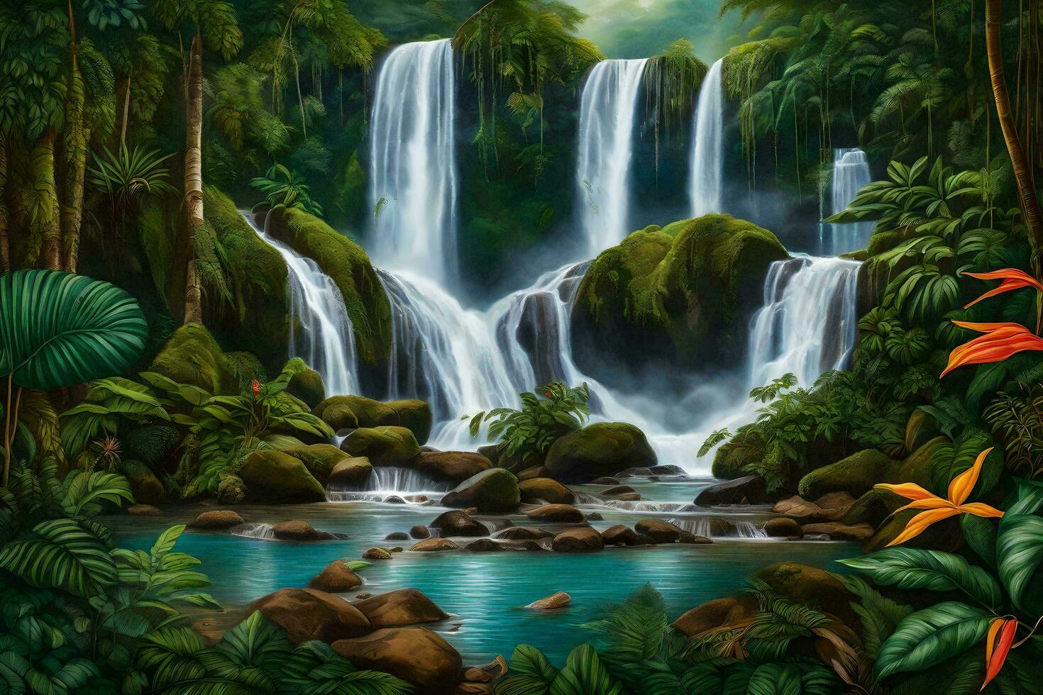 a painting of a waterfall in the jungle. AI-Generated photo