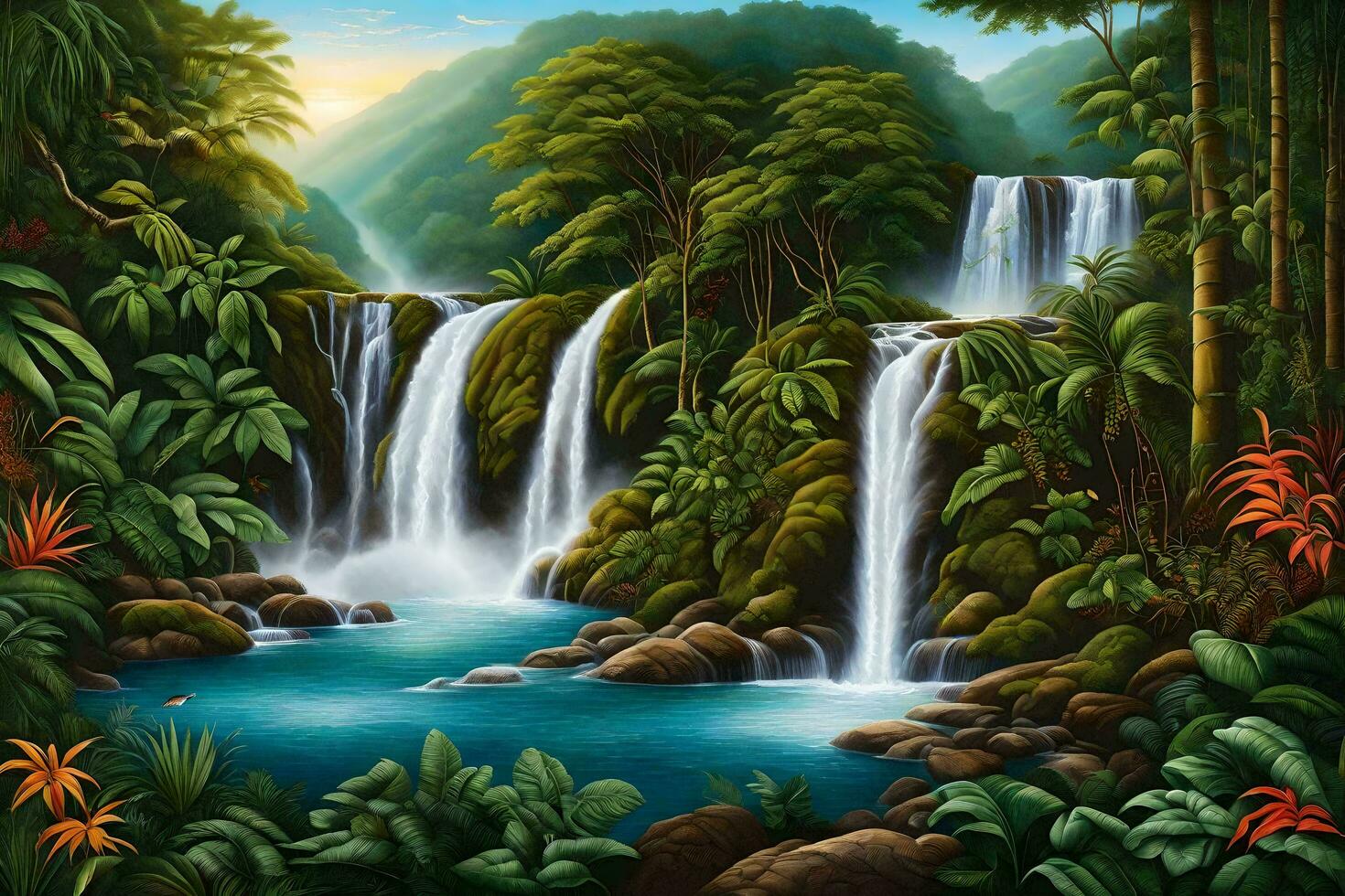 a painting of a waterfall in the jungle. AI-Generated photo