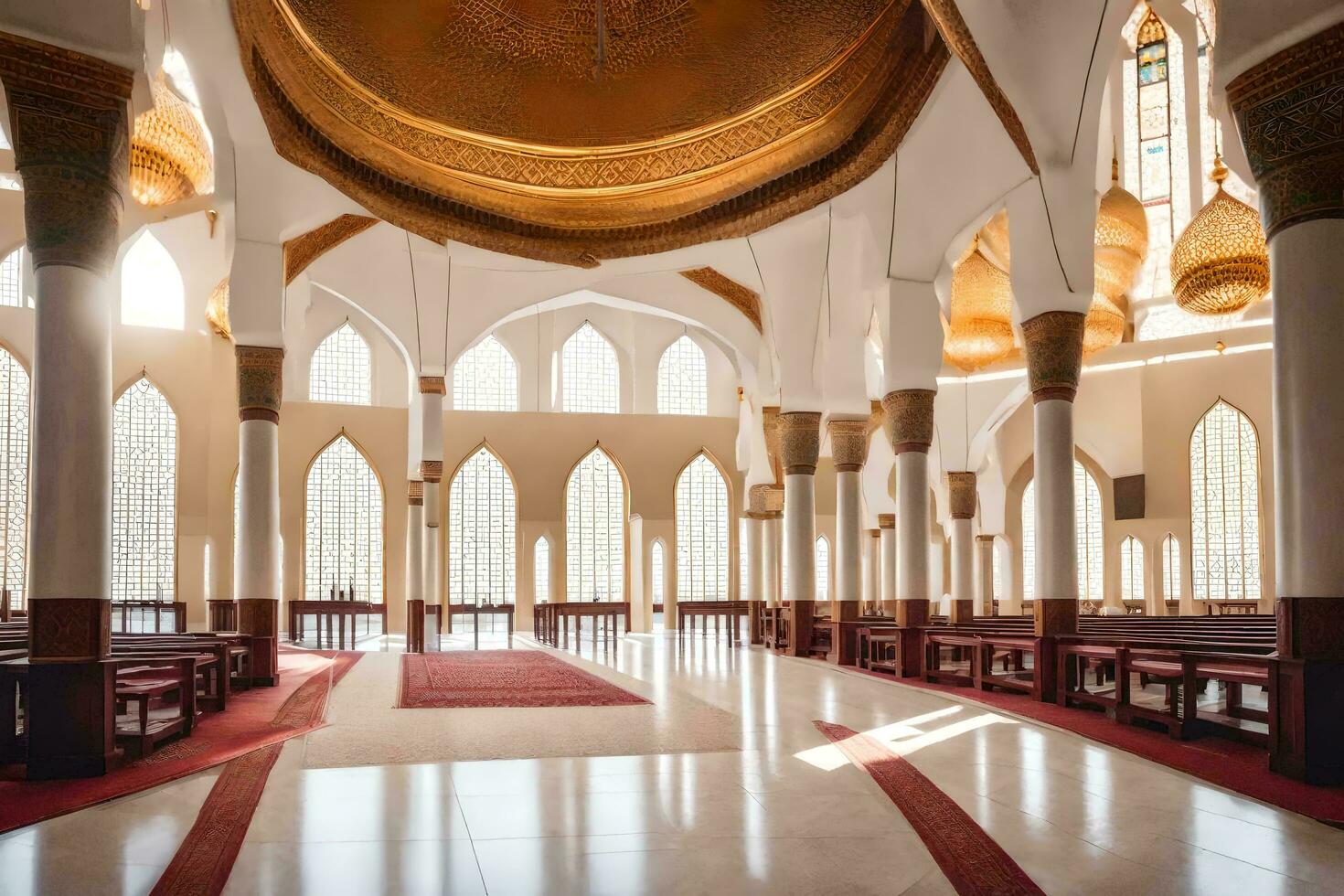 the interior of a large mosque with gold and white pillars. AI-Generated photo