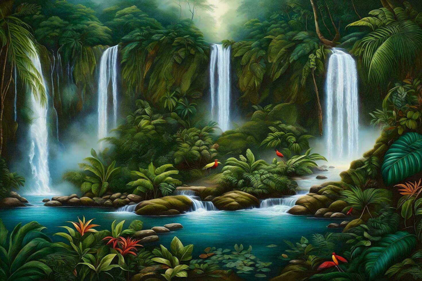 a painting of a waterfall in the jungle. AI-Generated photo