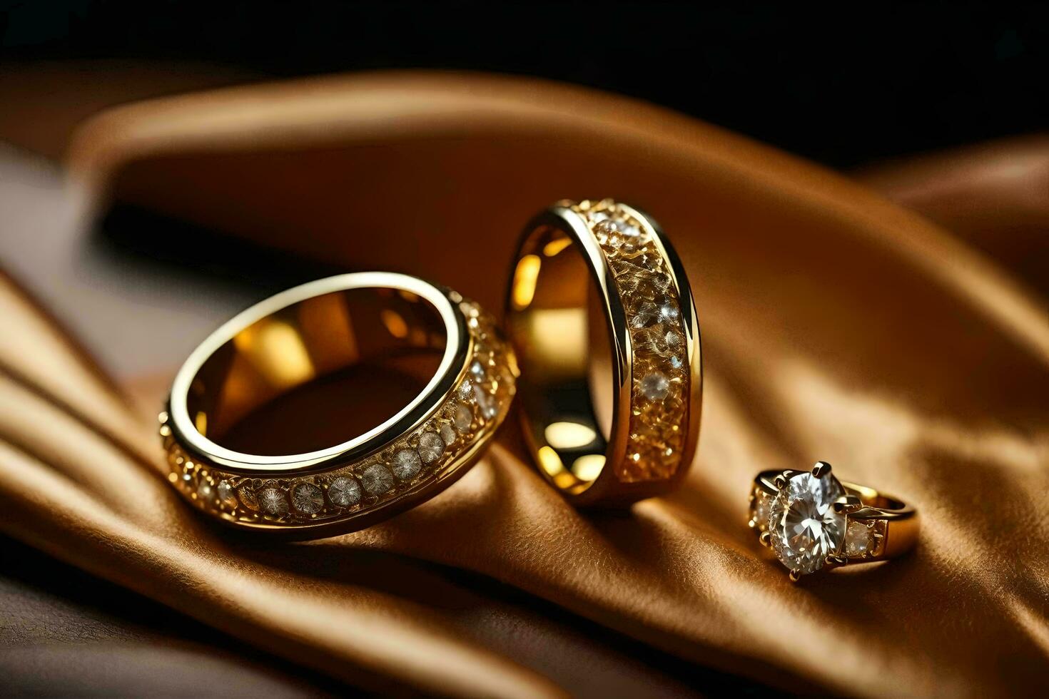 two gold wedding rings with diamonds on a silk. AI-Generated photo