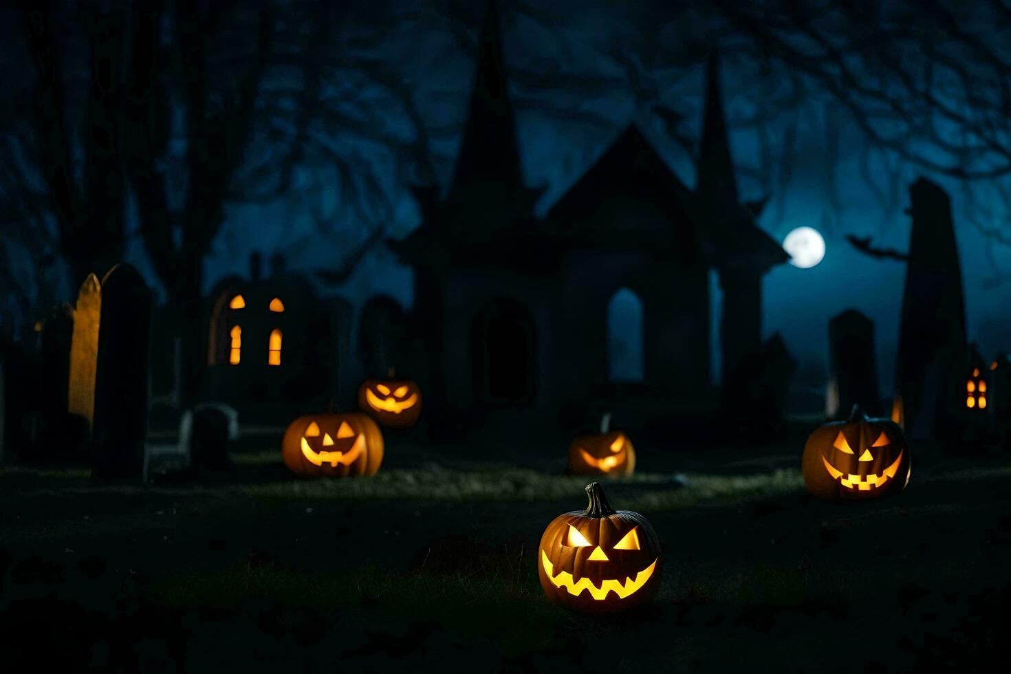 halloween pumpkins in the graveyard at night. AI-Generated photo