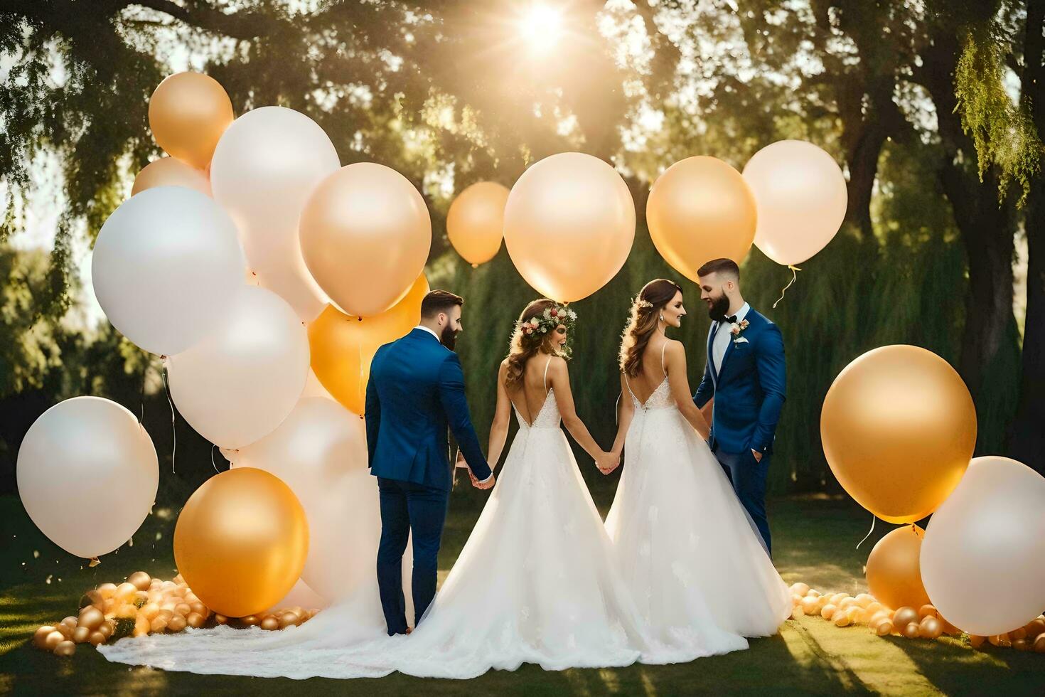 wedding couple with gold and white balloons. AI-Generated photo