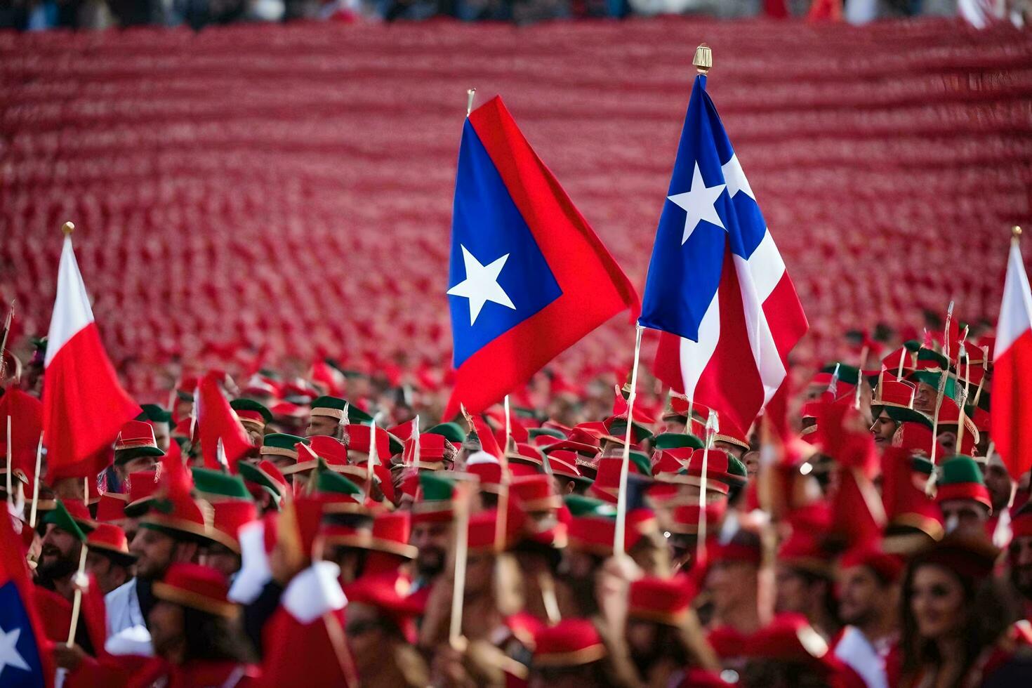 a crowd of people holding flags and wearing red and white. AI-Generated photo