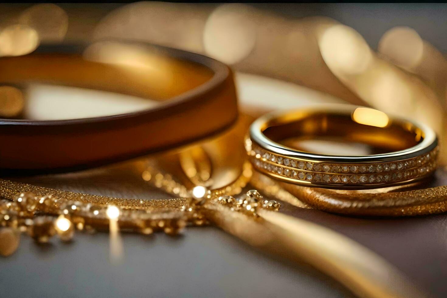 dos oro Boda anillos en un mesa. generado por ai foto