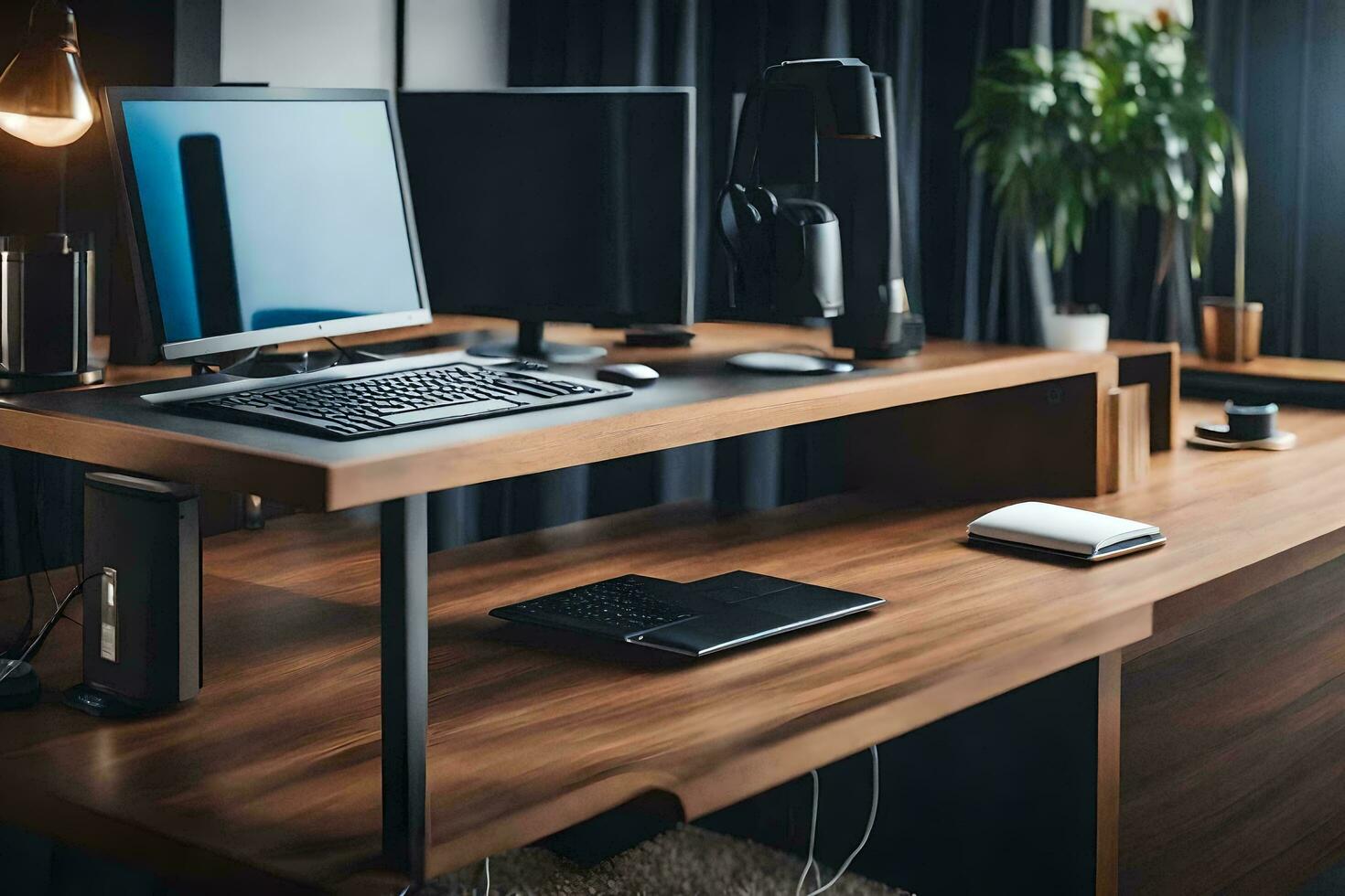 un escritorio con un computadora portátil, teclado y ratón. generado por ai foto