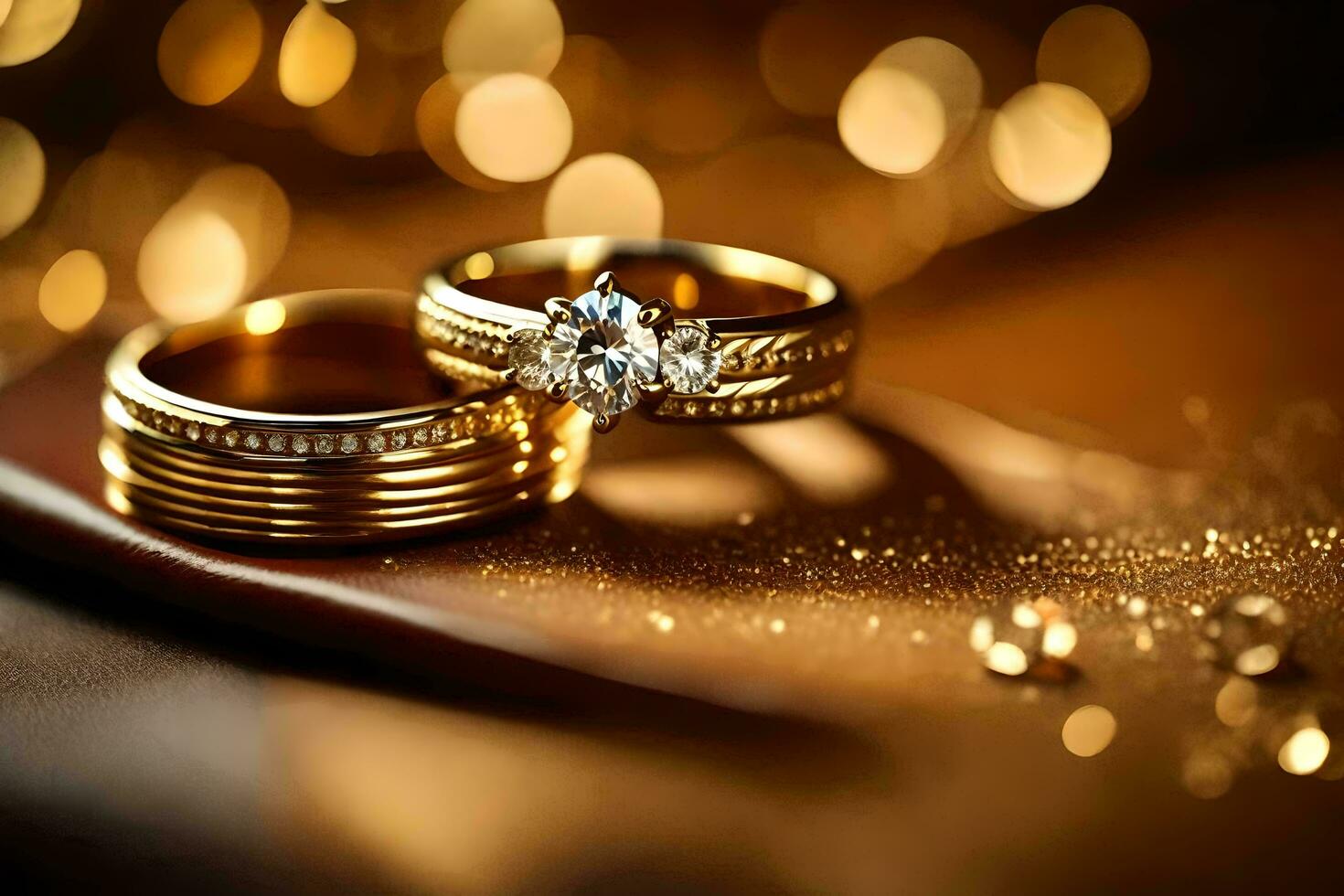 gold wedding rings on a table. AI-Generated photo