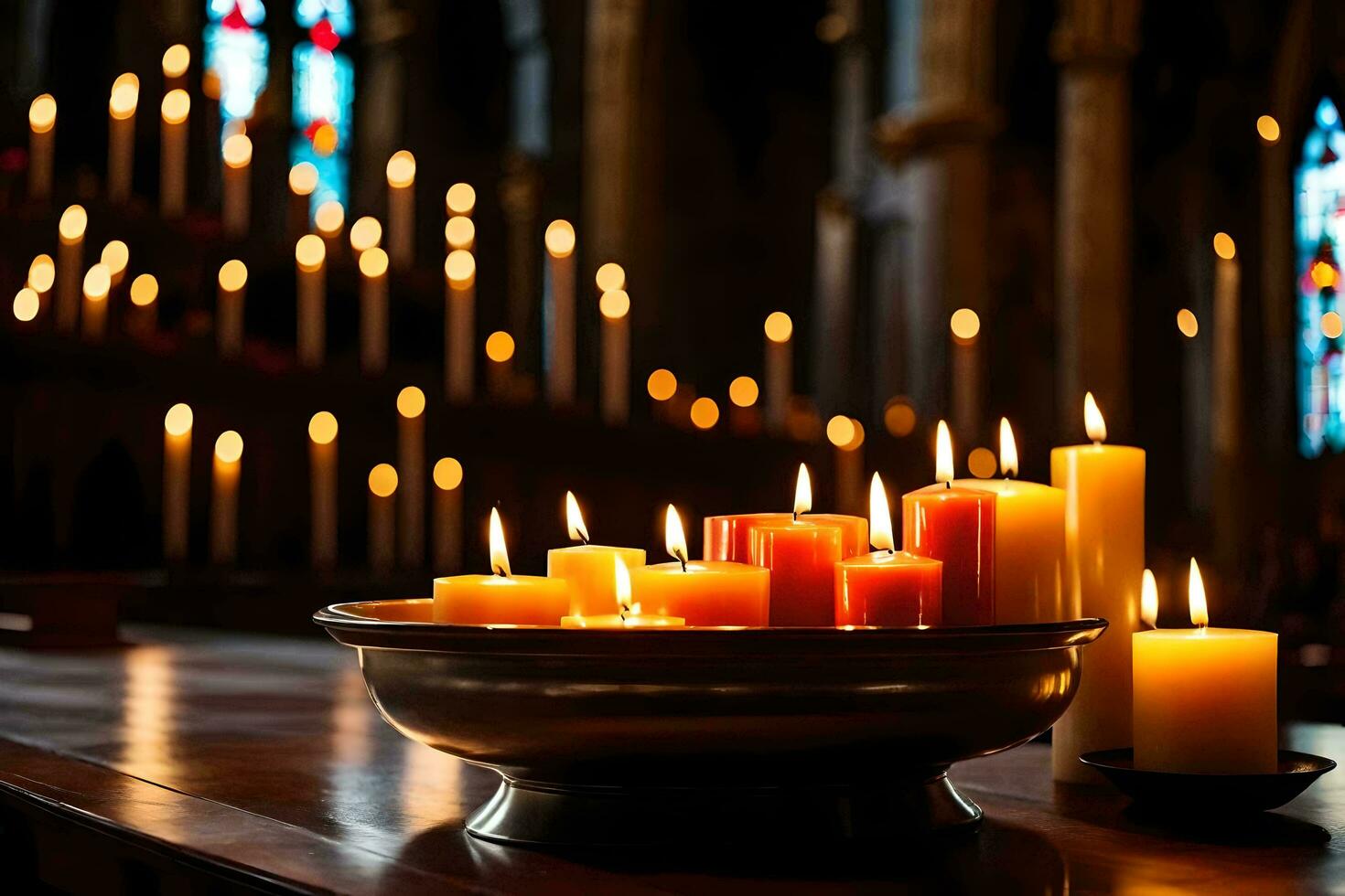 candles in a church with candles lit. AI-Generated photo