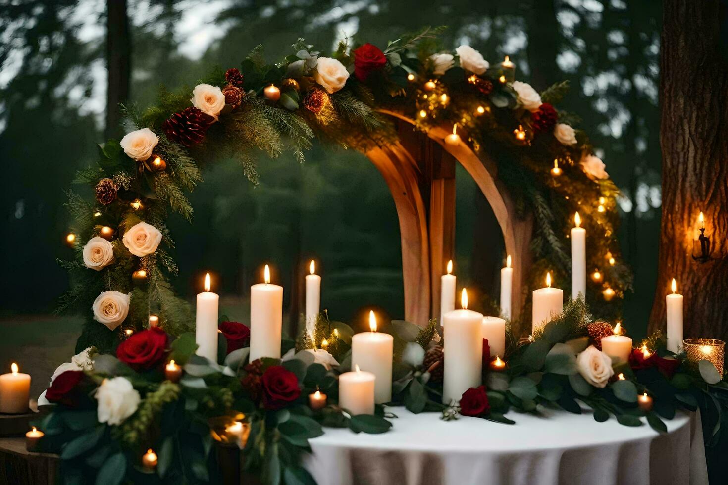 a wedding arch with candles and greenery. AI-Generated photo